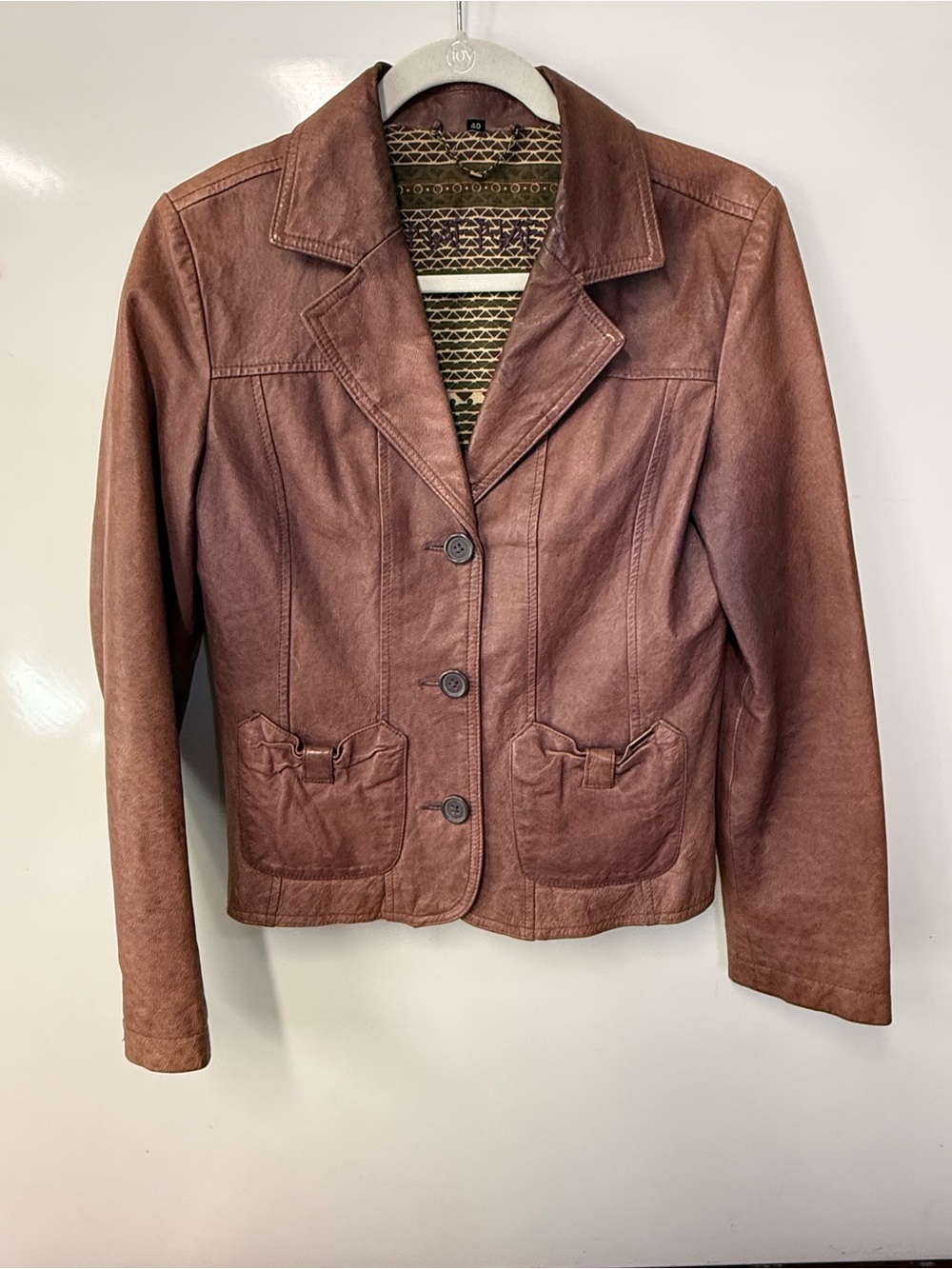 Vtg Naf Naf Paris Brown Leather Jacket Womens FR 40 US 8 Blazer Bow Pocket brown